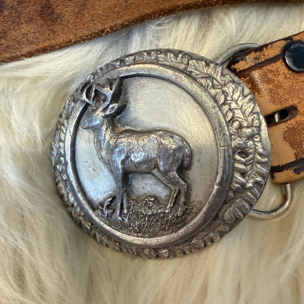 Vintage Pewter Whitetail Deer Buckle with Leather Belt